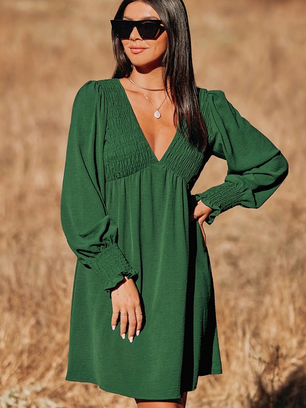 #0089- Deep Green V-Neck Smocked Waist Dress